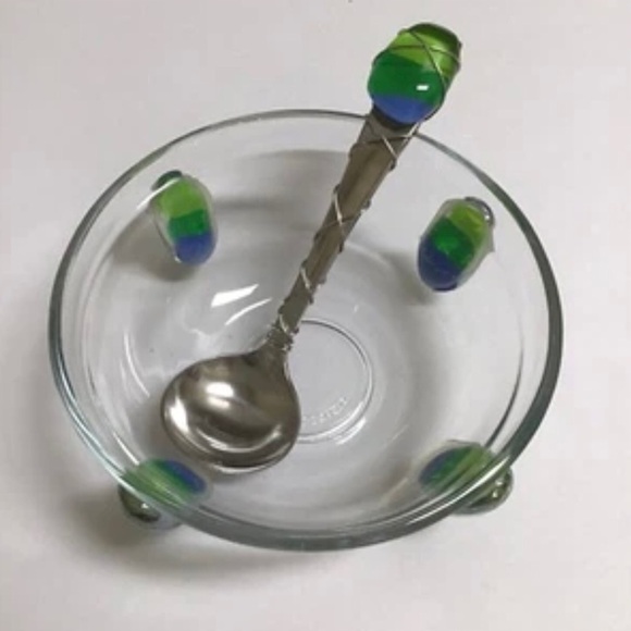 Art Glass Condiment Dish Blue Green Pebble Wire Wrapped Spoon Sea KIG Indonesia - Picture 8 of 12